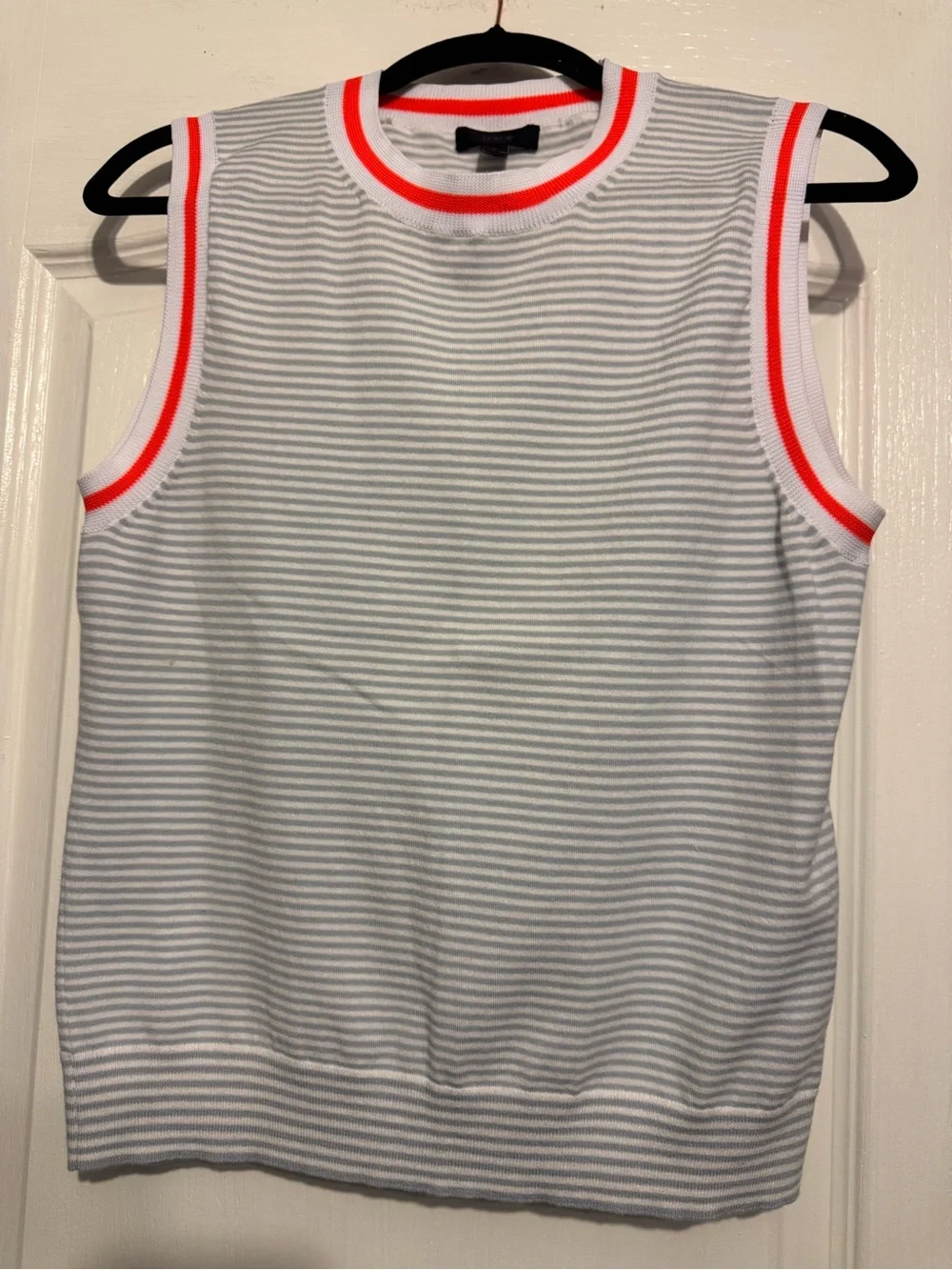 JCREW Sleeveless White & Light Blue Striped Knit Top with Neon Trim